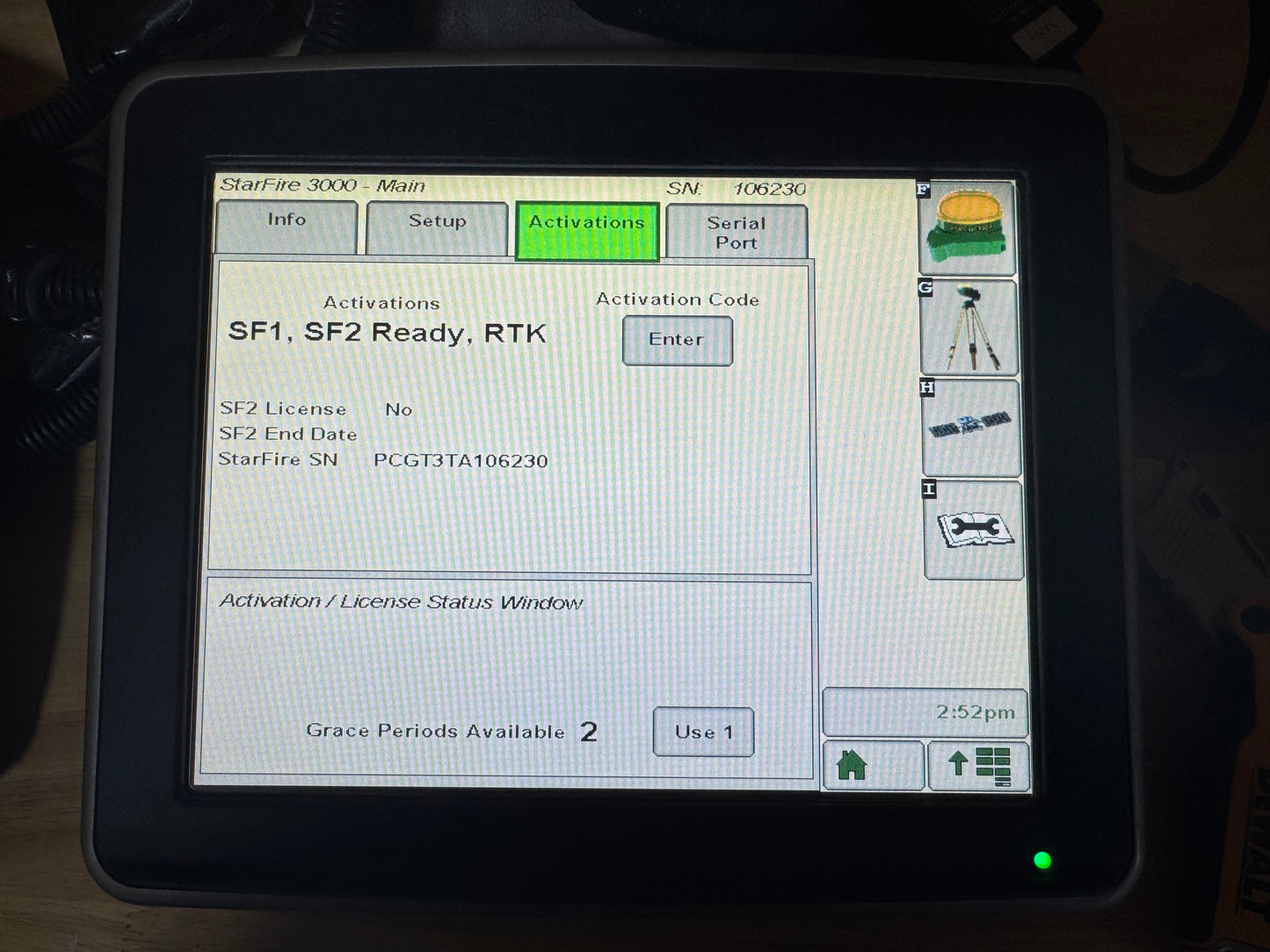 Close-up of StarFire 3000 GPS with SF2, RTK-ready and Serial Number