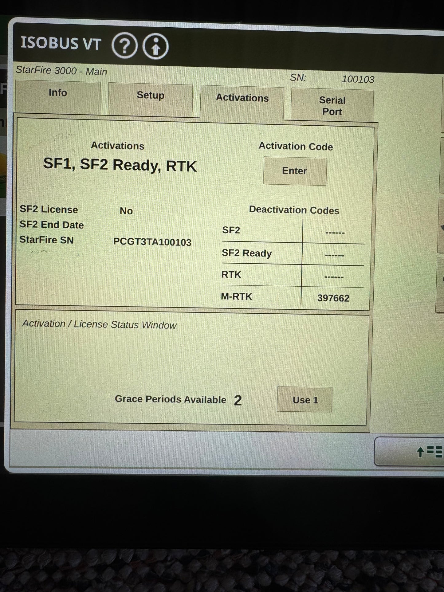 Close-up of StarFire 3000 GPS showing RTK-ready status light