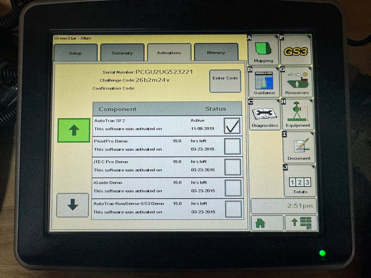 Front view of used John Deere 2630 display with AutoTrac activation