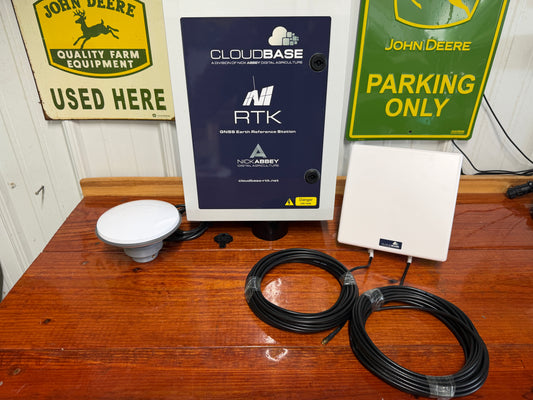 CloudBase Cellular RTK Base Station — farm-mounted GNSS base station with 30-mile coverage radius