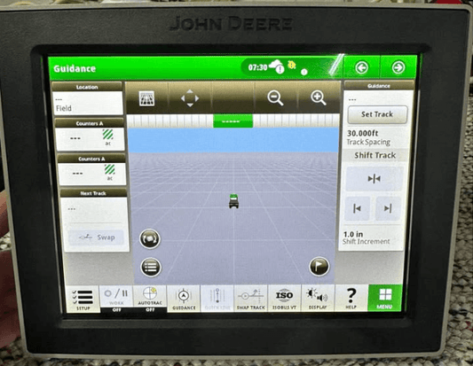 Front view of John Deere 4240 Universal Display with Guidance Page