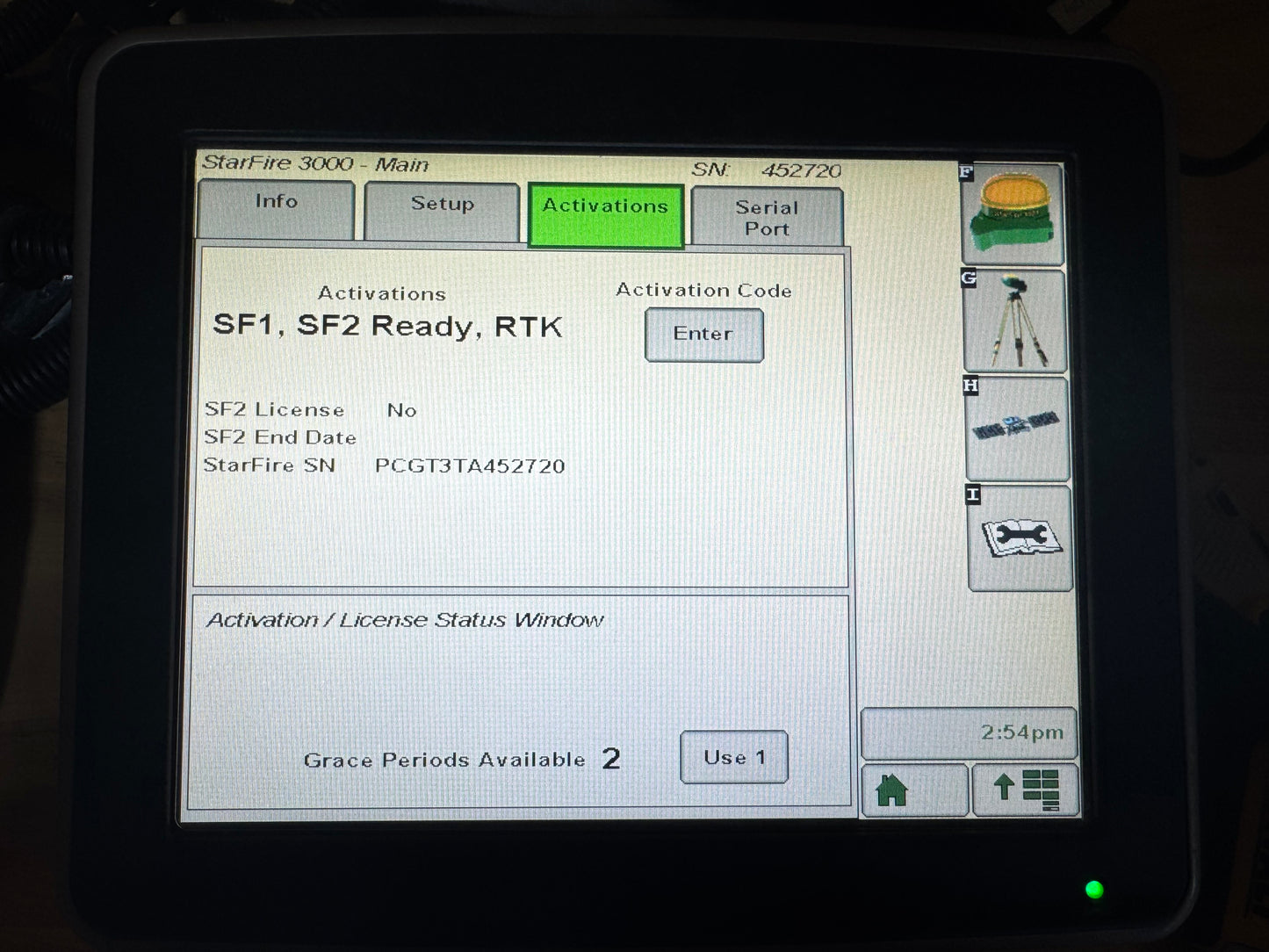 Close-up of StarFire 3000 GPS showing RTK-ready and Serial Number