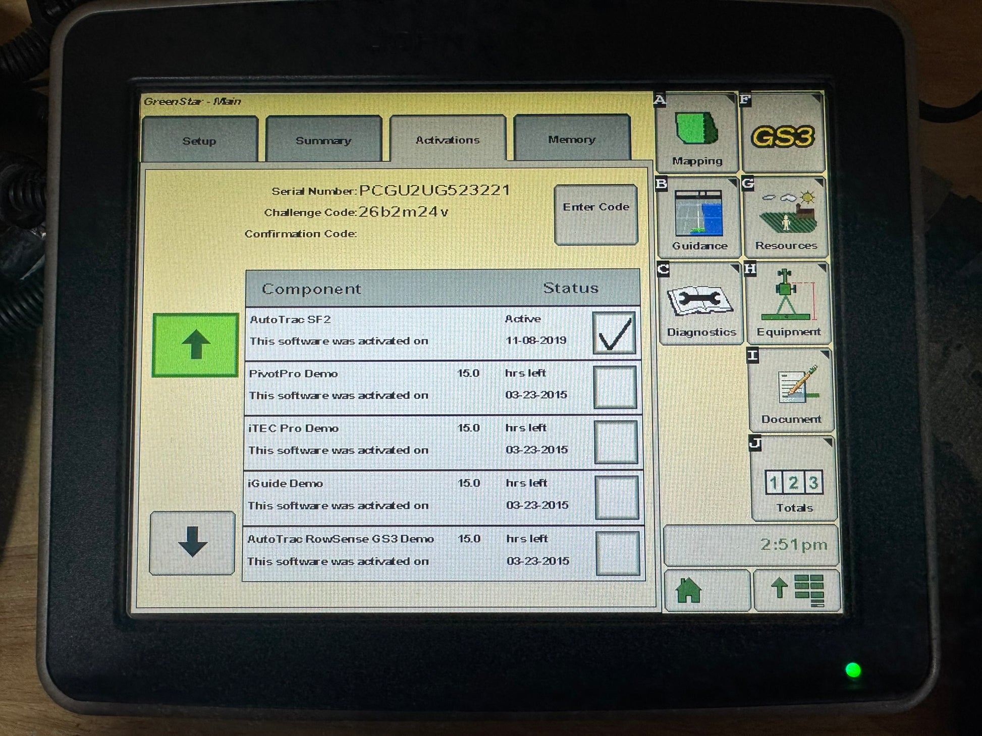 Front view of used John Deere 2630 display with AutoTrac activation