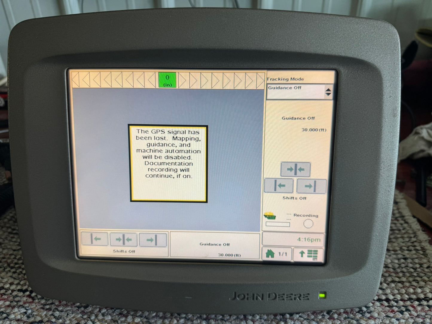 Used John Deere 2600 display front view with AutoTrac and Swath Control